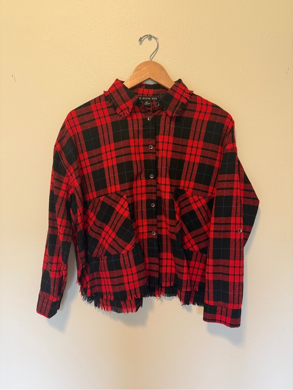 HYFVE Red and Black Plaid Frayed Hem Shirt Jacket